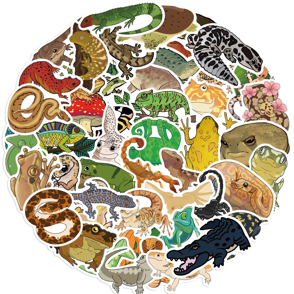 50pcs Funny Cartoon Reptile Stickers For Luggage Laptop Guitar Phone Skateboard Waterproof Graffiti Vinyl Bicycle Car Decals (ONLINE ORDER ONLY)