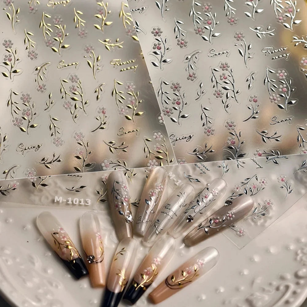Pink Flower Hot Stamping Silver Leaves Branch Wicker Willow Plant Chic Adhesive Nail Art Decorations Stickers Manicure Decals (Online Order Only)