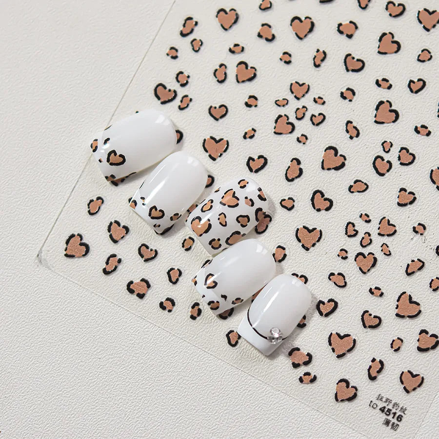 Flat Small Pink Brown Halo Dyeing Love Heart Geometric Leopard Shiny Jelly Chic Embossed Relief Nail Art Stickers Manicure Decal (Online Order Only)