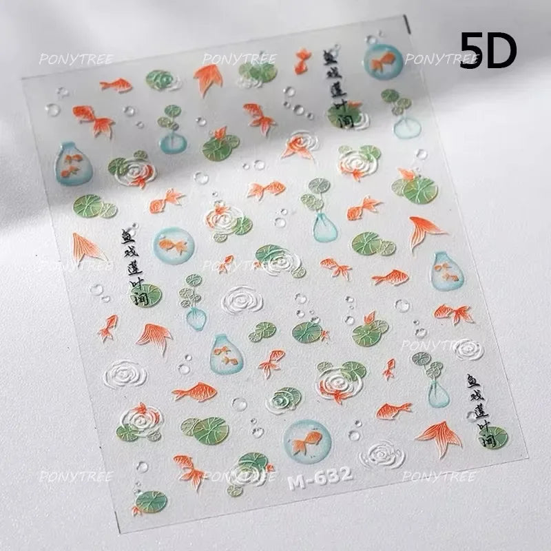 Retro Blue Lotus Flower Arrangement Vase Lantern Totem Pattern Bamboo Leaf Self Adhesive Nail Art Stickers Shiny Manicure Decals (ONLINE ORDER ONLY)