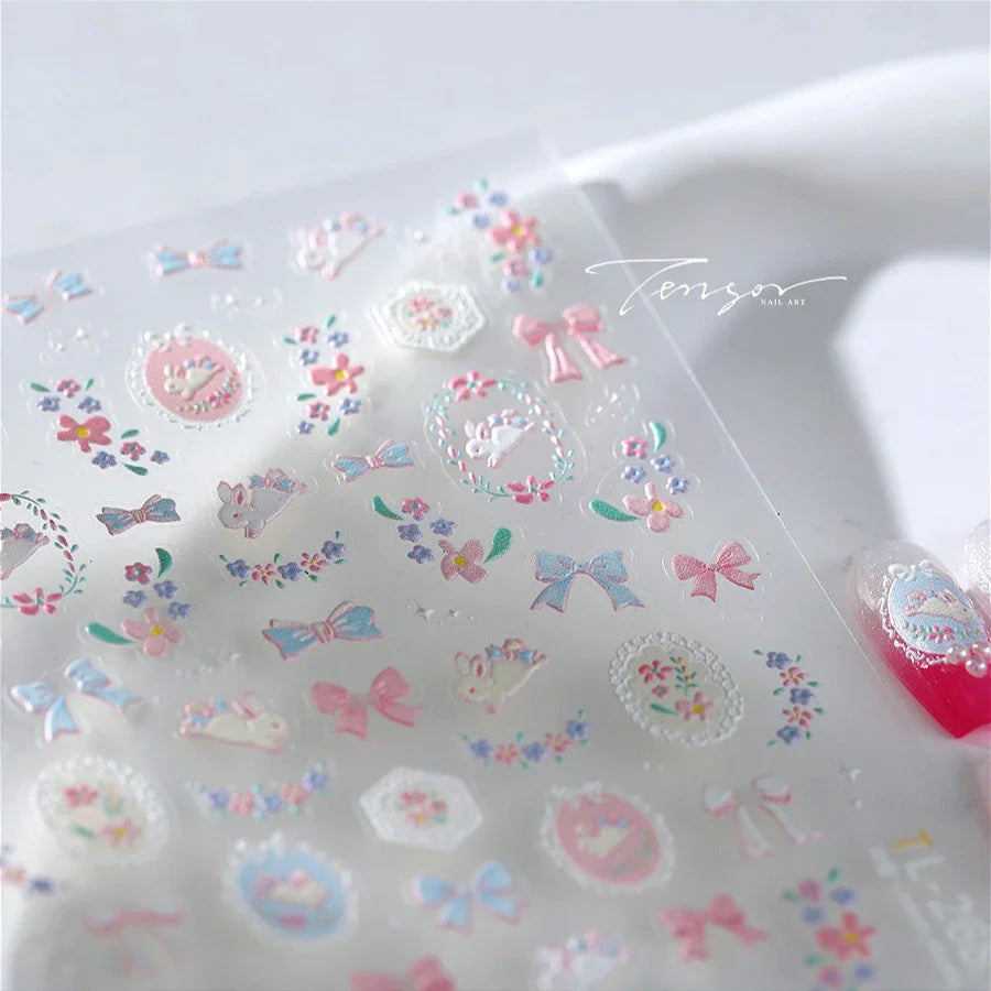 Pink Running Rabbit Bowknot Wreath Bunny Flower Tie Totem Pattern Self Adhesive Nail Art Sticker Pearl Rhinestone Manicure Decal (Online Order Only)