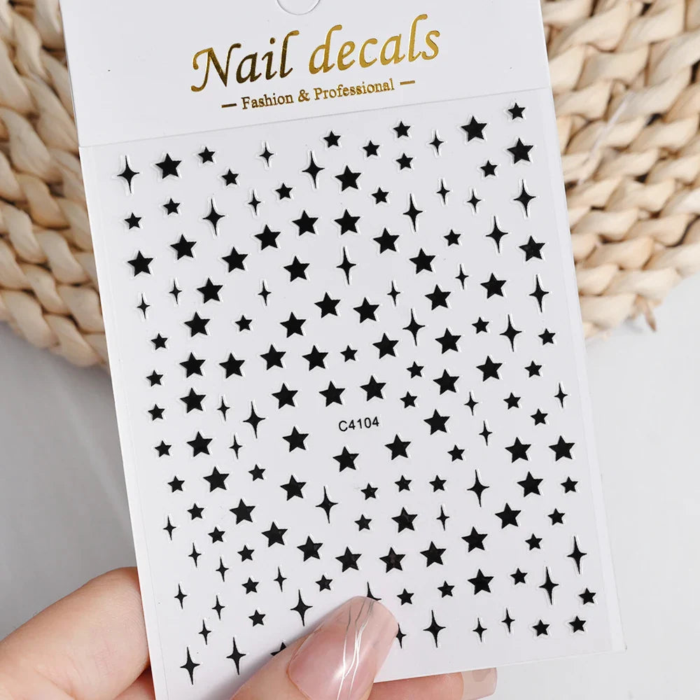 1 Sheet Star Nail Art Stickers 3d Self Adhesive Nail Decals Black White Golden Silver Color Star Design Nail Supplies Accessory (ONLINE ORDER ONLY)