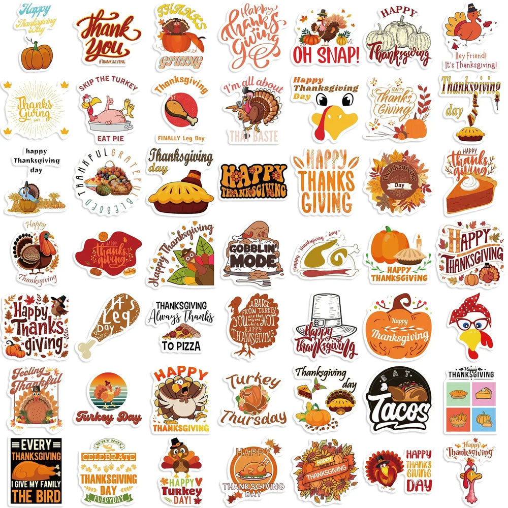 Thanksgiving Stickers 50PCS Waterproof Turkey Cartoon Harvest Decals (Online Order Only)