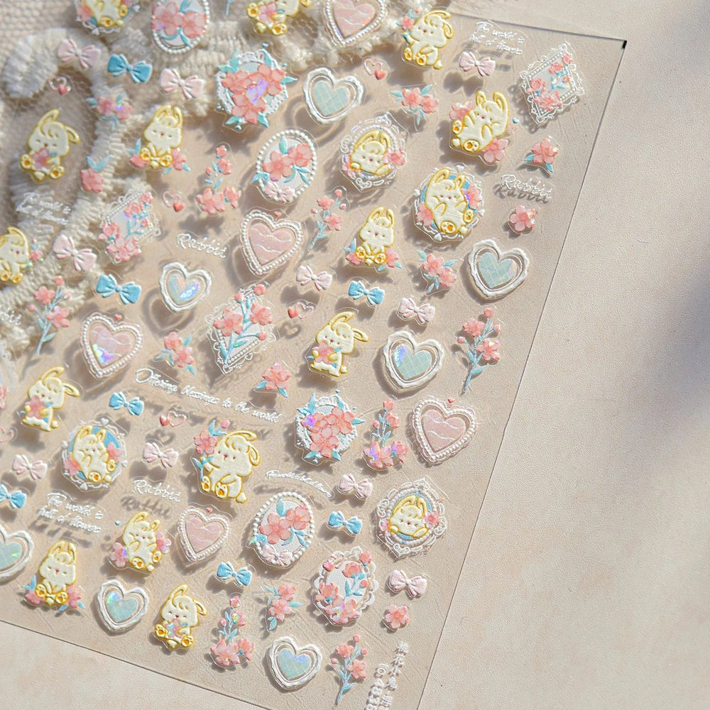 Peach Blossom Flower Yellow Rabbit Bunny Love Heart Delicate Totem 5D Self Adhesive Nail Art Stickers Rhinestone Manicure Decals (ONLINE ORDER ONLY)