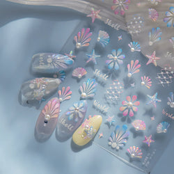 Marine Shell Starfish Ocean Elements Pearl Star Fishing Net Colourful Underwater Organisms 5D Nail Art Stickers Manicure Decals (Online Order Only)
