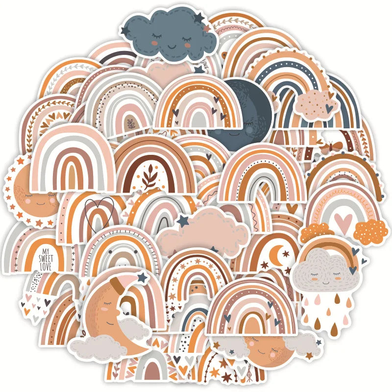 10/30/50pcs Cute Cartoon Boho Rainbow Stickers Aesthetic Graffiti Decals Scrapbooking Laptop Bike Funny Bohemian Sticker Toy (Online Order Only)