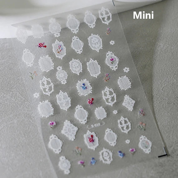 Retro Shiny Glazed Rococo Flower Window Dreamy Butterfly Geometric Frame Stamp Embossed Reliefs Nail Art Stickers Manicure Decal (Online Order Only)