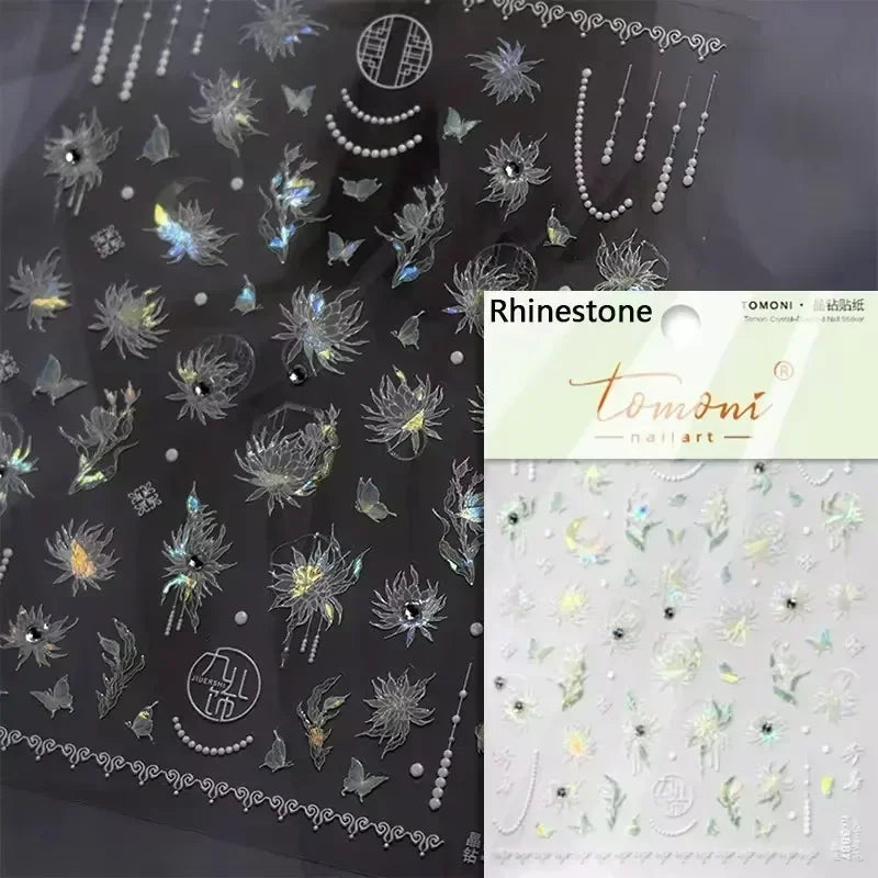 Charming Dreamy Shiny Jelly Blue Gradient Lily Flowers Rose Petal White Dot Chinese Colorful Nail Art Stickers Manicure Decals (ONLINE ORDER ONLY)