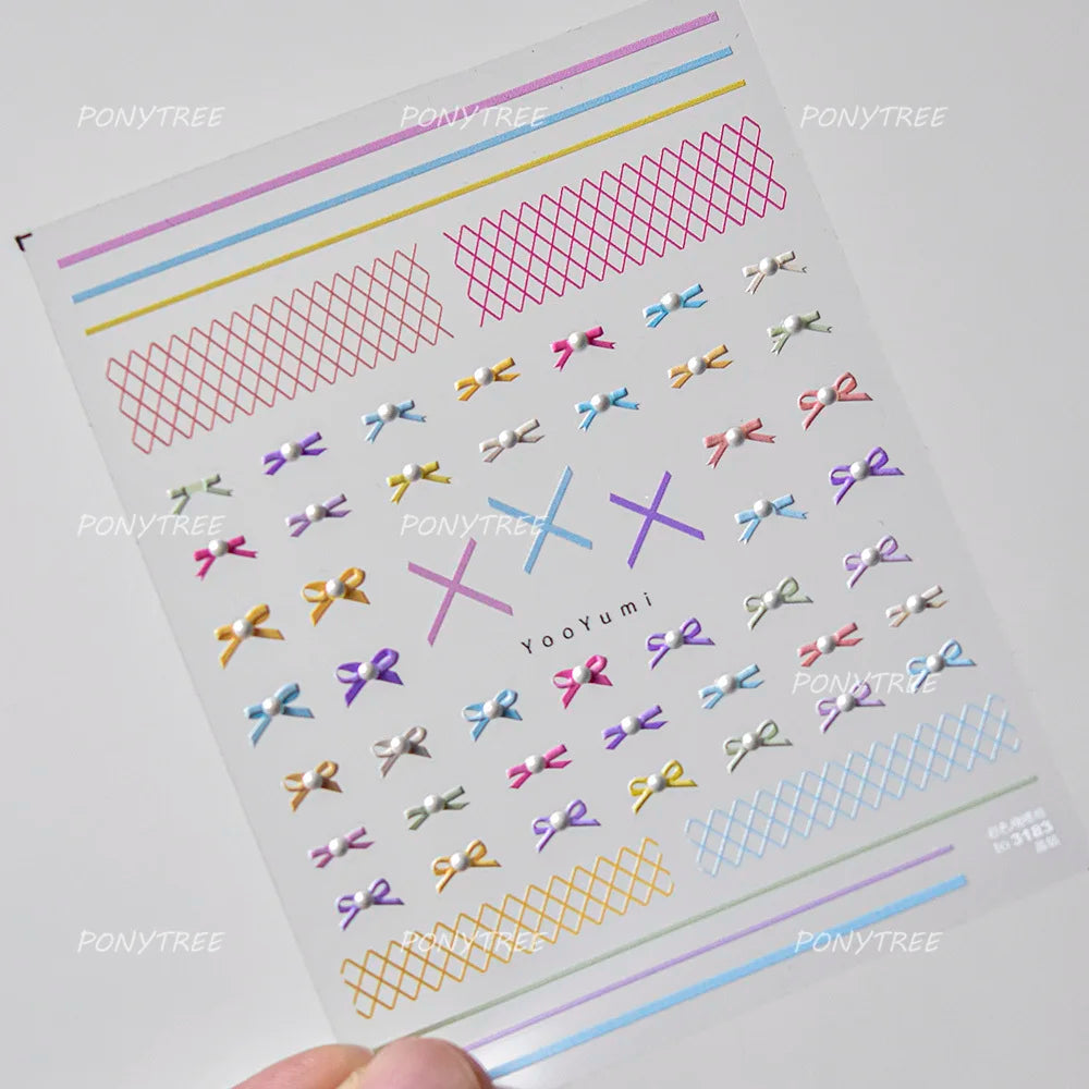 Purple Gold Silver Bowknot Cherry Fruit Cute Ribbon Tie Line Delicate 3D Adhesive Nail Art Stickers Manicure Decals Wholesale (Online Order Only)