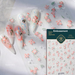 Mountain Flower Peach Blossom Vibrant Flowers Green Leaves Antique Chic Self Adhesive Nail Art Stickers Spring 3D Manicure Decal (ONLINE ORDER ONLY)