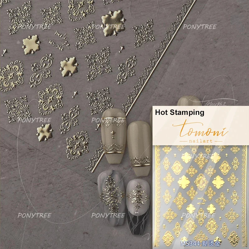 Gold Stamped Silver Totems Geometric Patterns Figure 5D Self Adhesive Nail Art Stickers Stars Bohemia Manicure Decals Wholesale (Online Order Only)