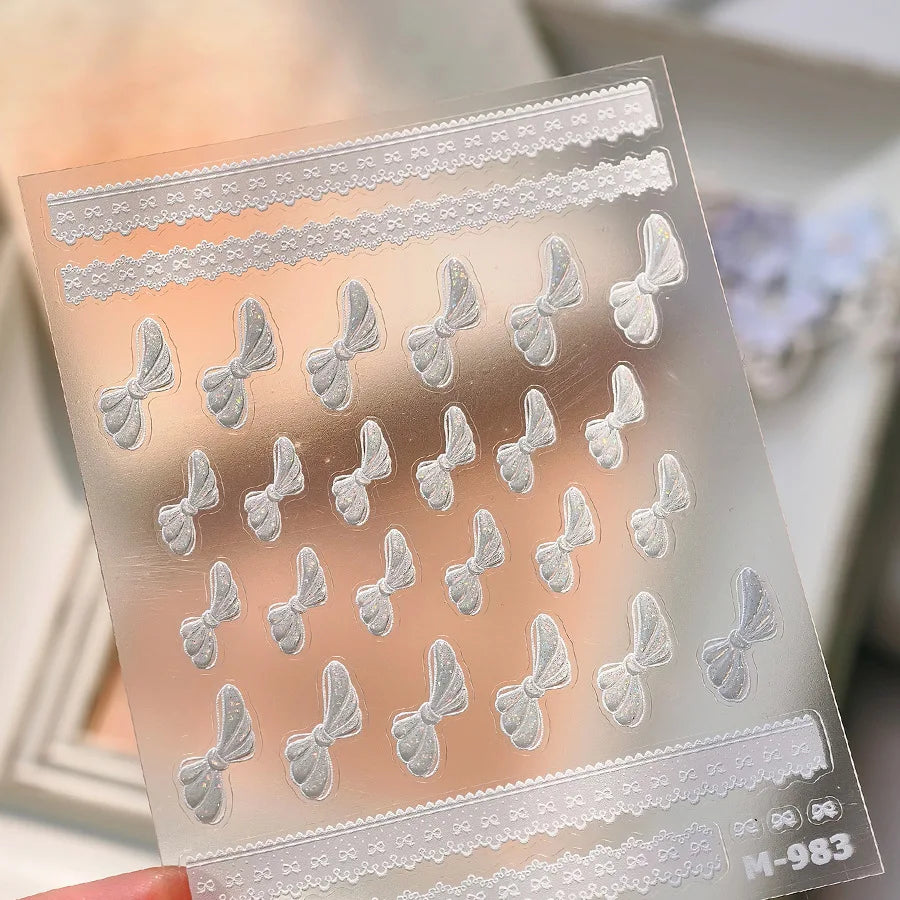 Pink White Bowknot Jelly Knot Lace Delicate Decorative Border Shiny 5D Self Adhesive Nail Art Stickers Manicure Decals Wholesale (Online Order Only)