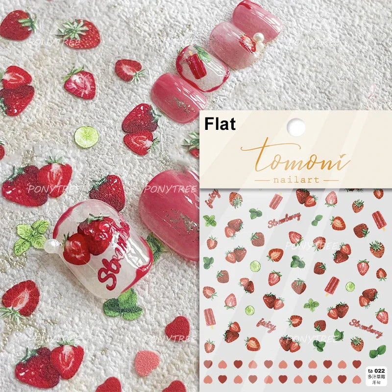 Strawberry Cherry Loquat Longan Peach Grapes Plant Red Bean Fruit Flat Realistic Painting 3D Nail Art Stickers Manicure Decals (ONLINE ORDER ONLY)