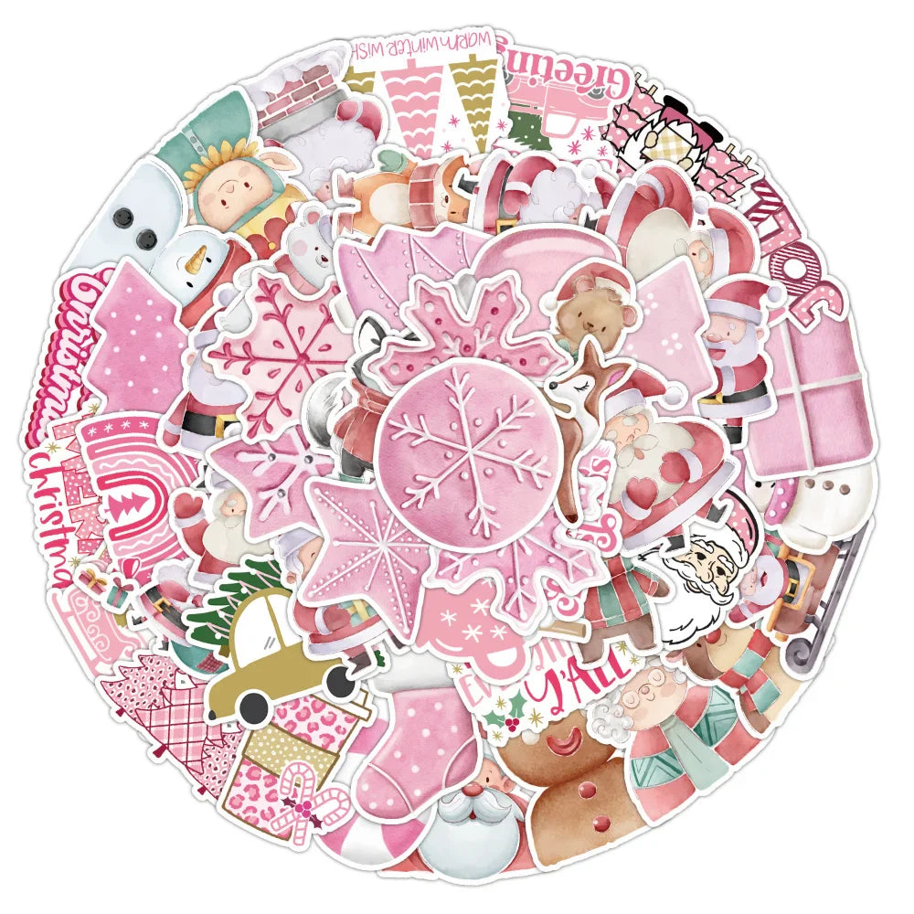 10/50Pcs New Year Merry Pink Christmas Stickers Deer Santa Claus Snowman Children Gift Decal DIY for Skateboard Luggage Suitcase (Online Order Only)