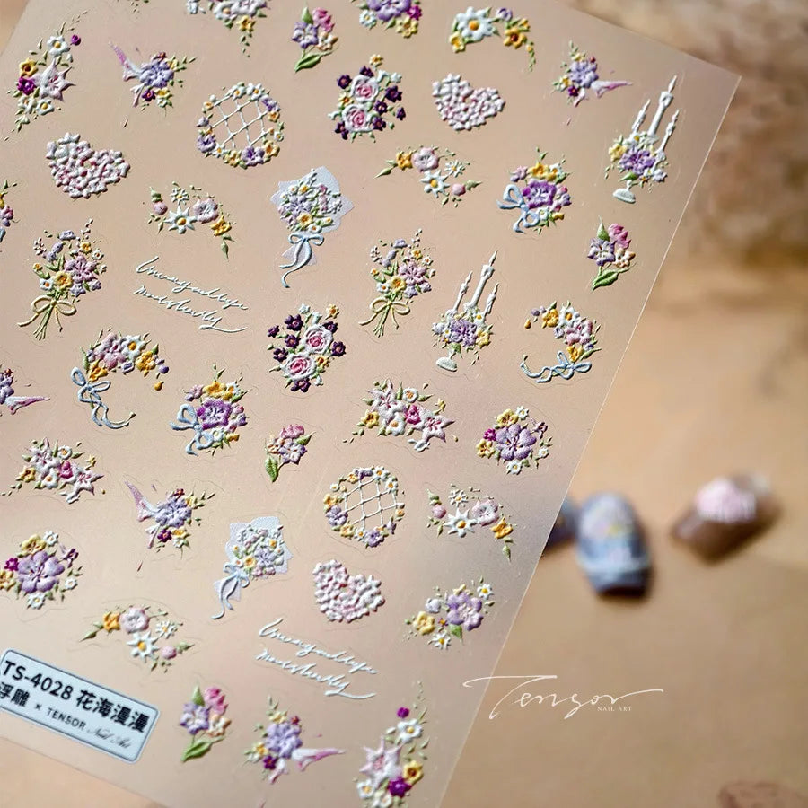 Romantic Flowers Bouquet Butterfly Rose Bowknot Candlestick Wreath Love Heart 5D Self Adhesive Nail Art Stickers Manicure Decals (Online Order Only)