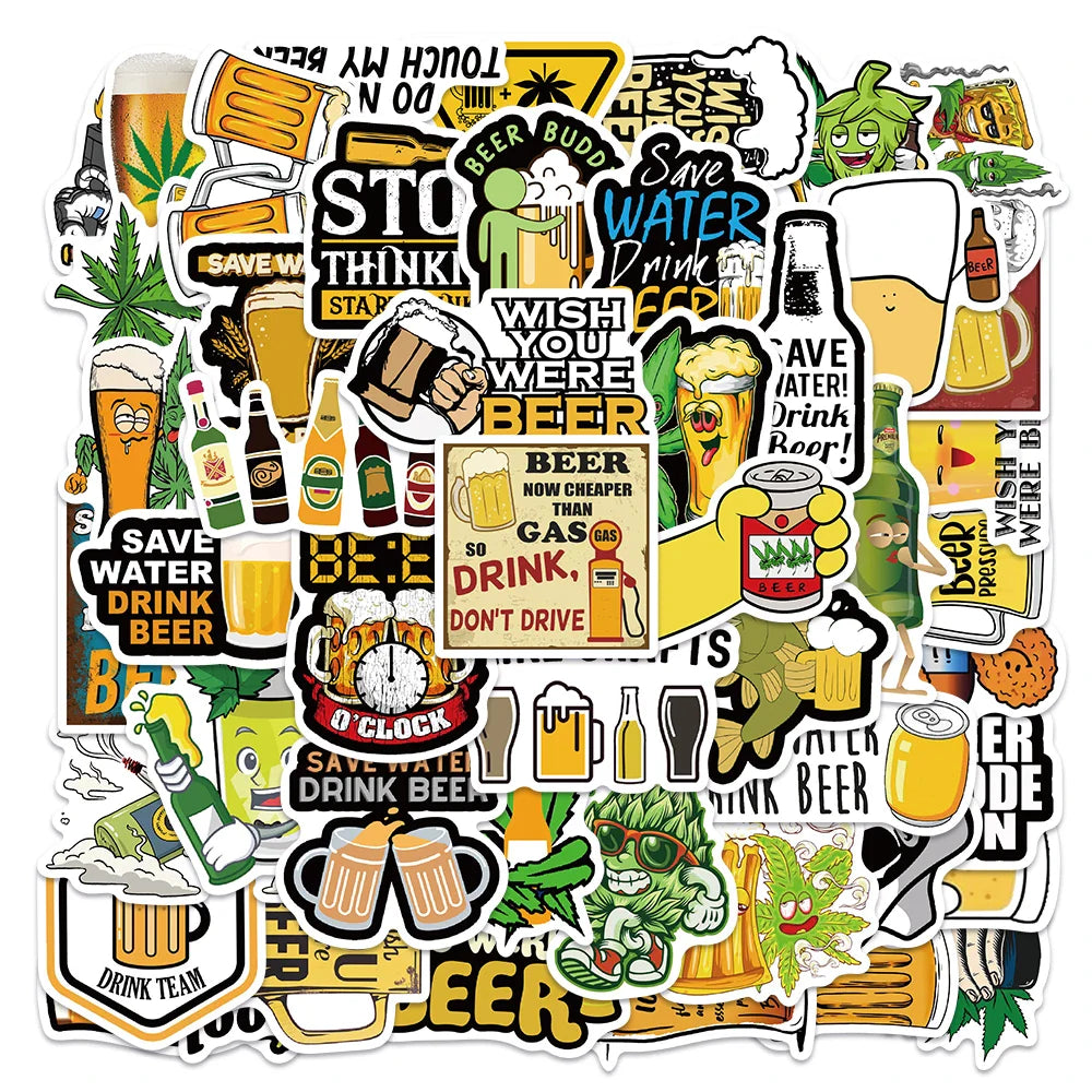 50pcs Funny Cartoon Beer Stickers For Luggage Guitar Phone Skateboard Vinyl Waterproof Graffiti Car Laptop Decals (ONLINE ORDER ONLY)