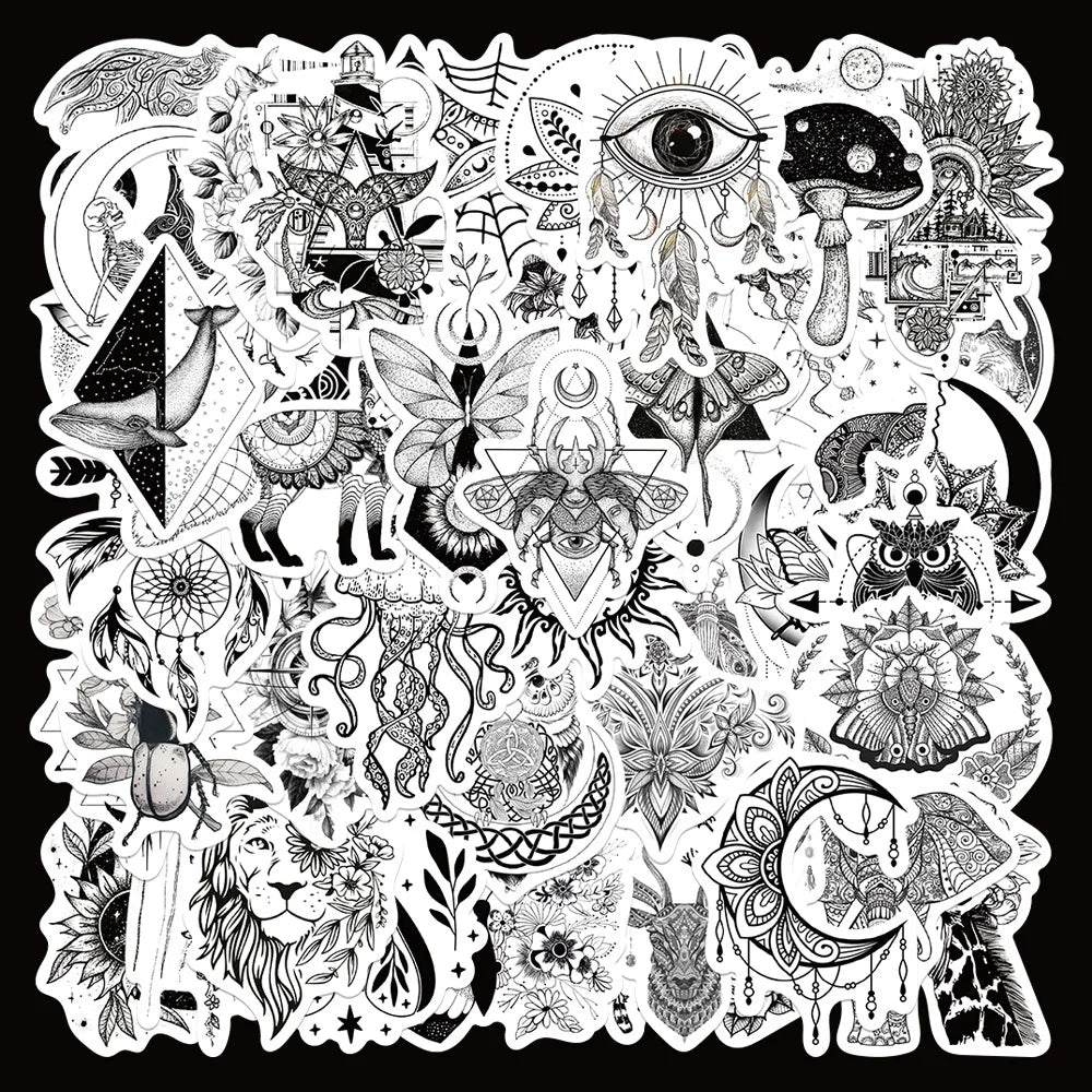 50pcs Black & White Graffiti Stickers for Helmets, Walls, DIY Decor Wholesale (ONLINE ORDER ONLY)