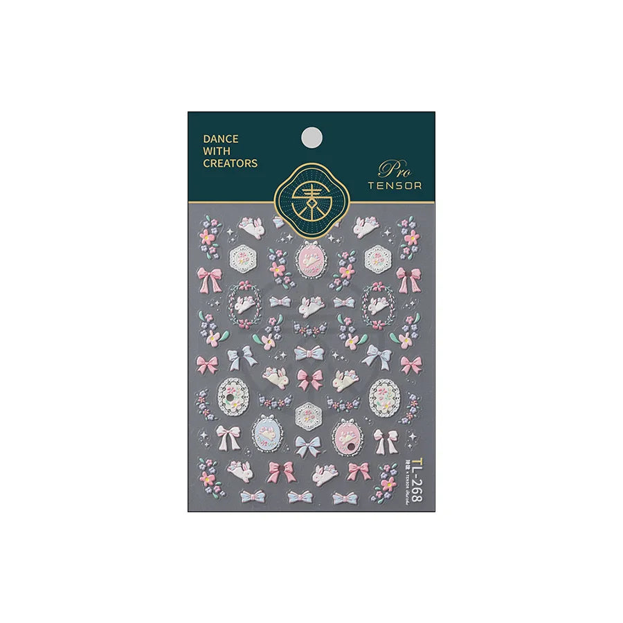 Pink Running Rabbit Bowknot Wreath Bunny Flower Tie Totem Pattern Self Adhesive Nail Art Sticker Pearl Rhinestone Manicure Decal (Online Order Only)