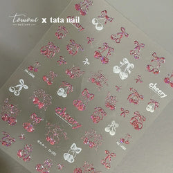 Colourful Cherry Abundant Fruits Bowknot Shiny White Line Outline Self Adhesive Nail Art Stickers Chic Rhinestone Manicure Decal (ONLINE ORDER ONLY)