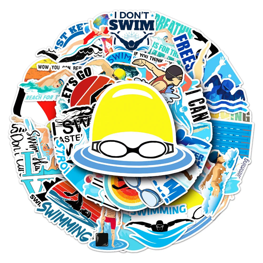 10/50pcs Outdoor Swimming Stickers Summer Seaside Surfing Waterproof Stickers DIY Skateboard Motorcycle Car Luggage Stickers (ONLINE ORDER ONLY)
