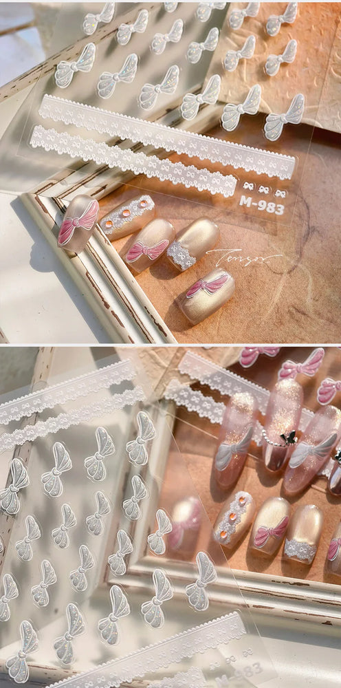 Pink White Bowknot Jelly Knot Lace Delicate Decorative Border Shiny 5D Self Adhesive Nail Art Stickers Manicure Decals Wholesale (Online Order Only)