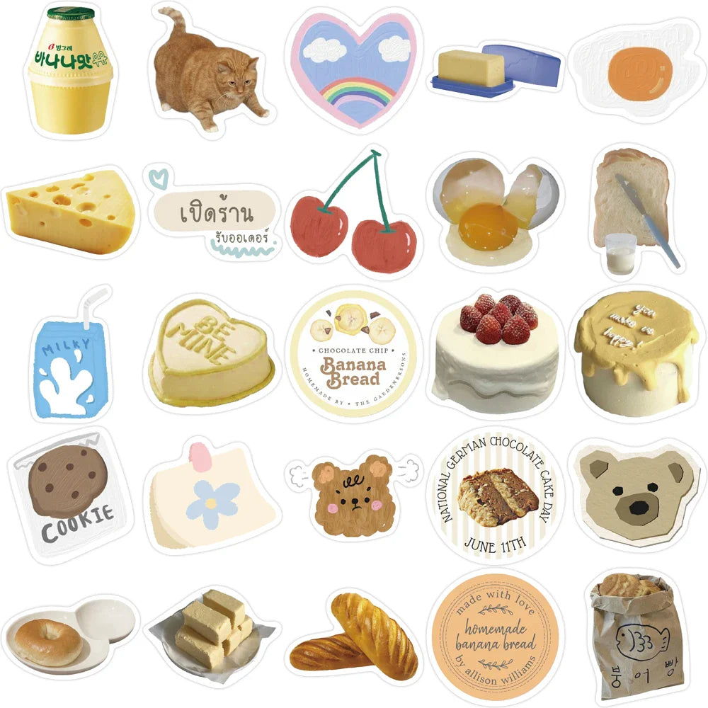 10/63pcs INS Wind Butter Bread Stickers Decals Cartoon Graffiti DIY  Notebook Luggage Wall Decoration PVC Sticker (ONLINE ORDER ONLY)