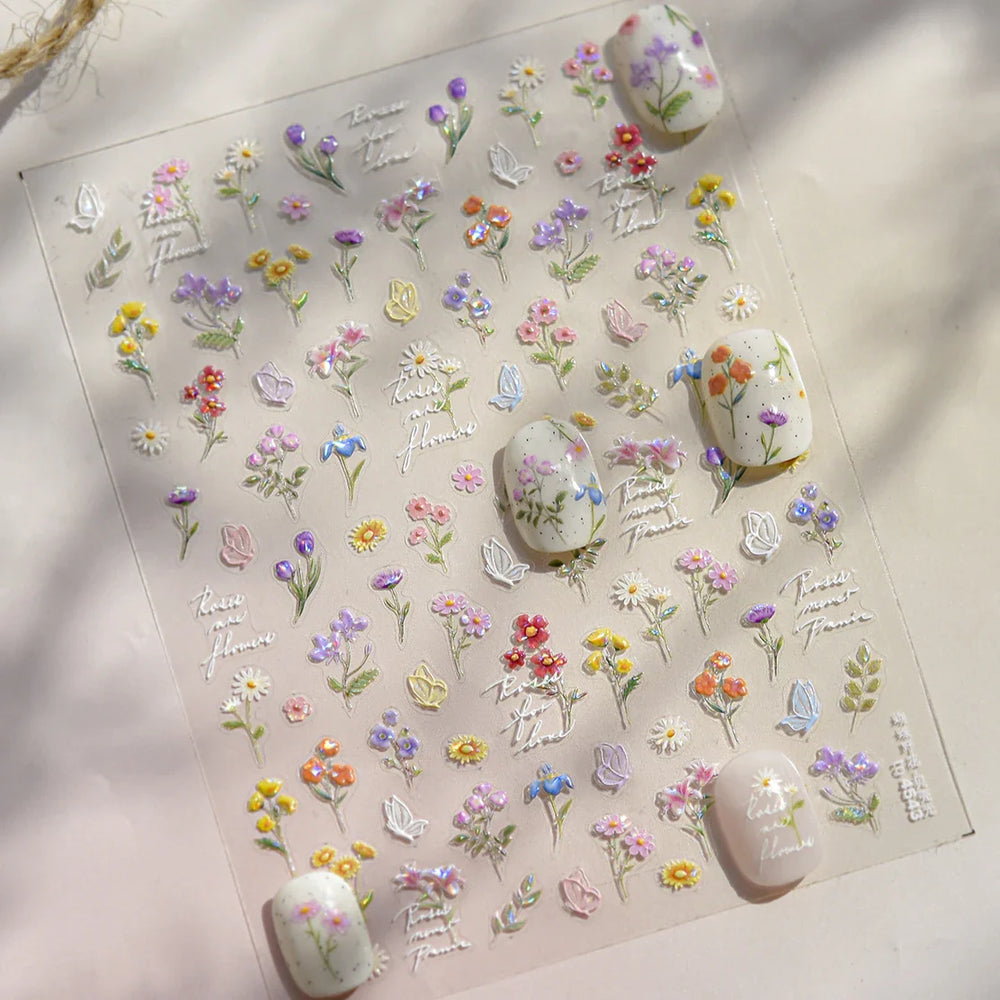 Dried Flower Butterfly Wildflowers Daisy Lily Moth Orchid Garden Self Adhesive Nail Art Stickers Chic Manicure Decals Wholesale (ONLINE ORDER ONLY)