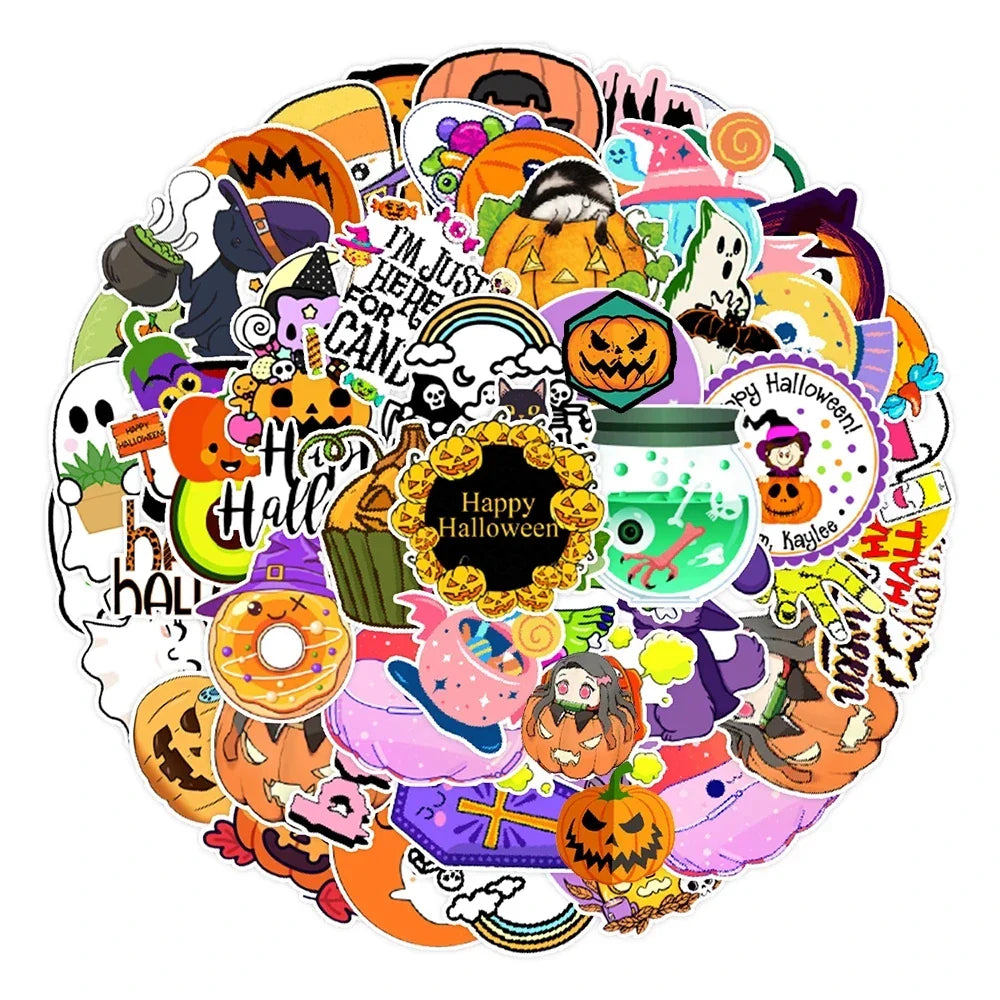 10/30/50PCS Cartoon Halloween Ghost Stickers Decoration Funny Cute Pumpkin Decals Toy For Kids DIY Luggage Laptop Phone Car Bike (Online Order Only)