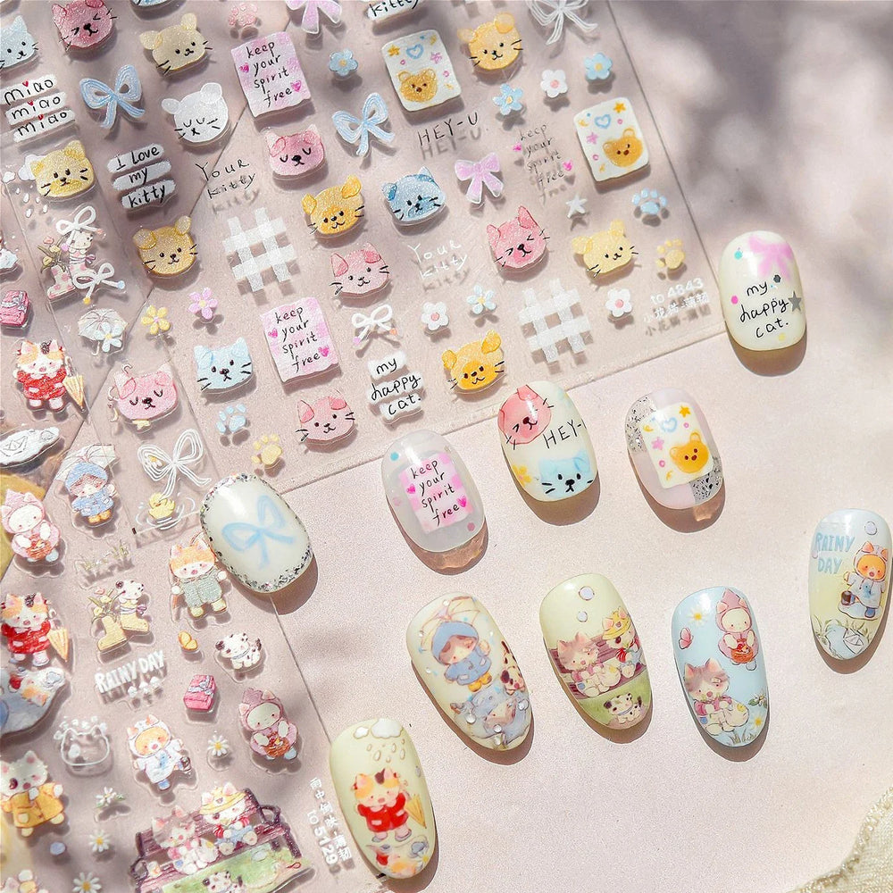 Cute Little Cat Colourful Flower Bowknot Umbrella Rain Boot Paintings Paper Boat Daisy Duckling Nail Art Sticker Manicure Decals (ONLINE ORDER ONLY)