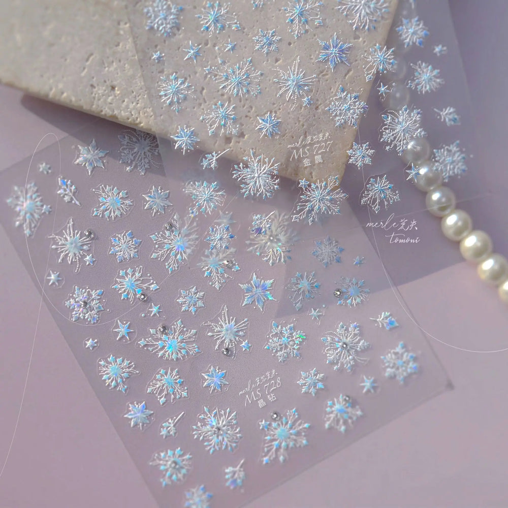 Flying Snowflakes Cold Winter Geometric Hexagon Star Romantic Adhesive Nail Art Stickers Embossment Rhinestone Manicure Decals (ONLINE ORDER ONLY)