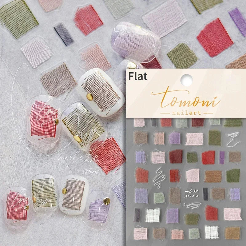 French Style Colorful Square Grid Rhombus Stripe Bowknot Line 3D Self Adhesive Nail Art Stickers Shiny Rhinestone Manicure Decal (Online Order Only)