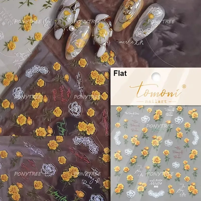 Retro Rose Flowers Bowknot Petal Romantic 5D Soft Embossed Relief Self Adhesive Nail Art Decoration Stickers 3D Manicure Decals (ONLINE ORDER ONLY)