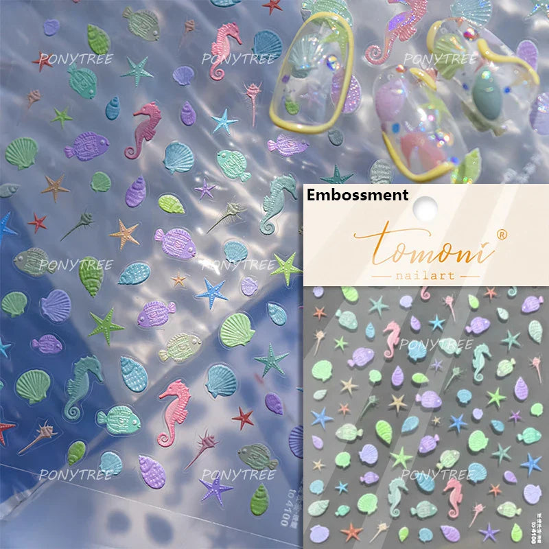 Mermaid Girl Conch Starfish Shell Bowknot Fish Scale Purple Ribbon Water Bubbles Chic Adhesive Nail Art Sticker Manicure Decals (ONLINE ORDER ONLY)
