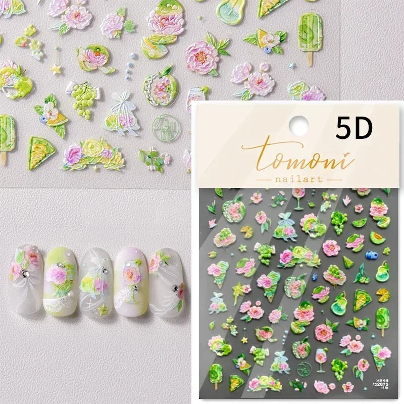 Pale Flower Bouquet Label Bowknot Stationery Sunflower Daisy Leaf 3D Self Adhesive Nail Art Stickers Rhinestone Manicure Decals (Online Order Only)