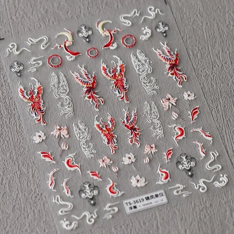 Charming Red Rose Phoenix Flower Wing Leaves Flower Feather Pearl Relief Embossed 5D Adhesive Nail Art Stickers Manicure Decals (ONLINE ORDER ONLY)