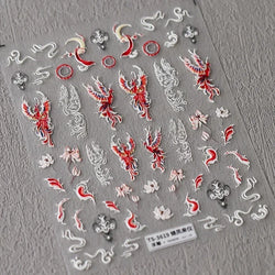 Charming Red Rose Phoenix Flower Wing Leaves Flower Feather Pearl Relief Embossed 5D Adhesive Nail Art Stickers Manicure Decals (ONLINE ORDER ONLY)