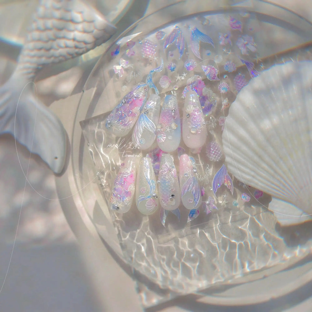 Mermaid Girl Conch Starfish Shell Bowknot Fish Scale Purple Ribbon Water Bubbles Chic Adhesive Nail Art Sticker Manicure Decals (ONLINE ORDER ONLY)