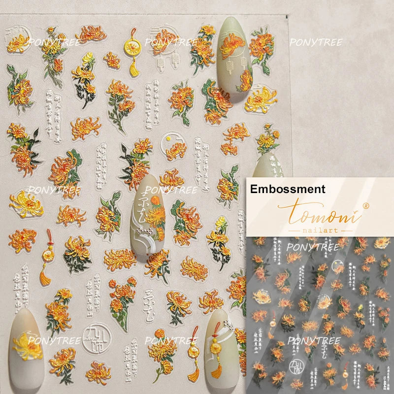 Trumpet Creeper White Flower Purple Leaves Antique Special Characters 5D Soft Relief Adhesive Nail Art Stickers Manicure Decals (ONLINE ORDER ONLY)