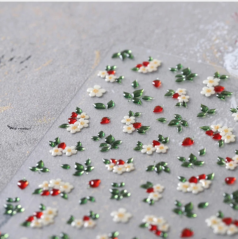Delicate Chic White Flower Jelly Green Leaves Red Fruits Lily Gardenia Self Adhesive Nail Art Stickers Rhinestone Manicure Decal (Online Order Only)