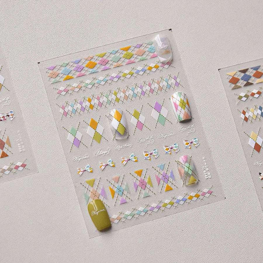 French Style Colorful Square Grid Rhombus Stripe Bowknot Line 3D Self Adhesive Nail Art Stickers Shiny Rhinestone Manicure Decal (Online Order Only)