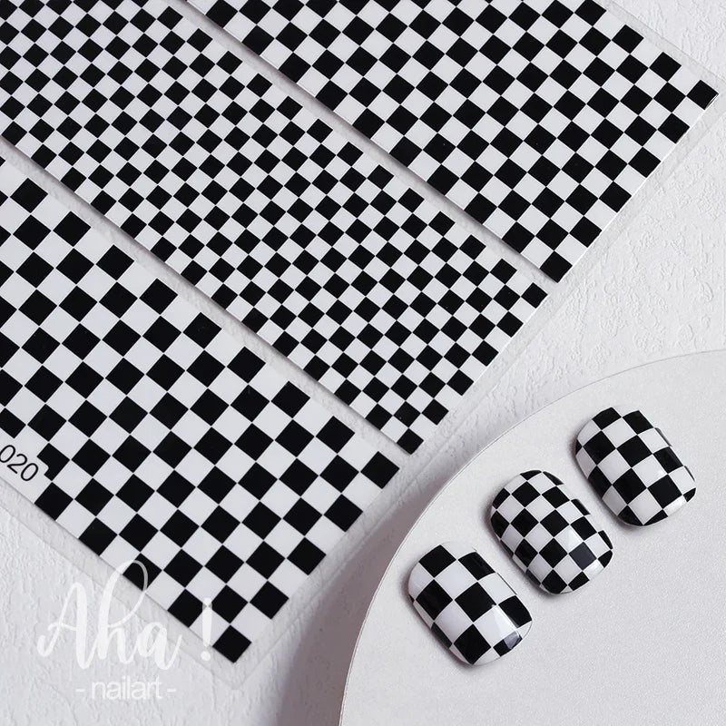 1PCS Checkerboard Nail Art Stickers 3D Classic Plaid Design Nail Decals Fashion Black White Houndstooth Manicure Accessories (Online Order Only)