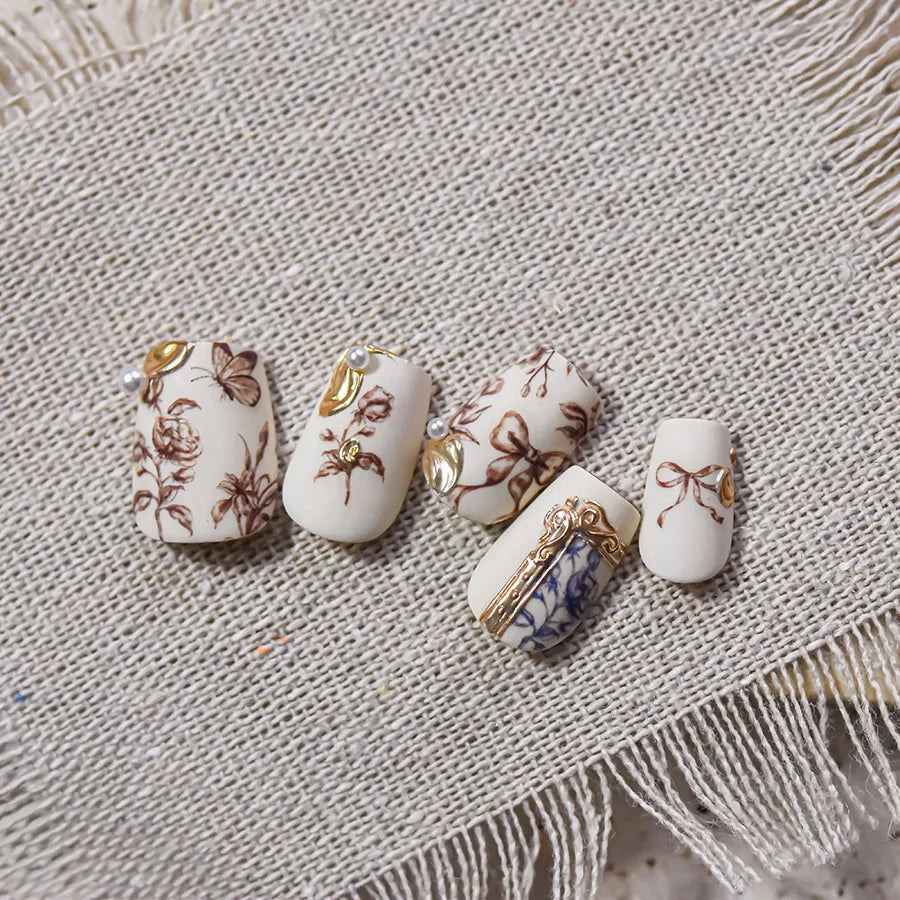 Brown Blue White Hand Drawn Sketch Plants Leaves Bowknot Butterfly Flowers Adhesive Nail Art Decoration Stickers Manicure Decals (Online Order Only)