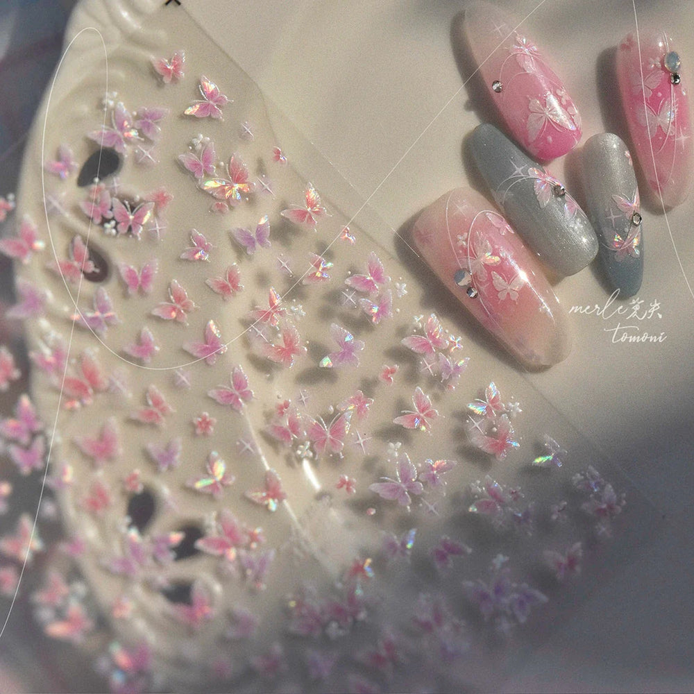 Shiny Butterfly White Pink Purple Romantic Animals Retro Photo Frame Chic Delicate Adhesive Nail Art Stickers 5D Manicure Decals (ONLINE ORDER ONLY)