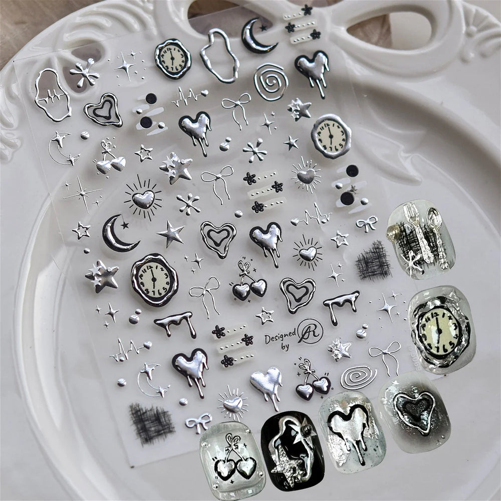 Silver Star Moon Clock Watch Cherry Love Heart Bowknot Gird Irregular Lines Dot Liquid Lava Nail Art Stickers Manicure Decals (ONLINE ORDER ONLY)