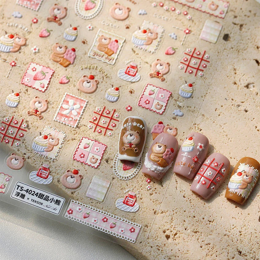 Sweet Dessert Cute Bear Cake Apple Flower Strawberry Jam Lace Line Bear Footprints Adhesive Nail Art Stickers Manicure Decals (ONLINE ORDER ONLY)