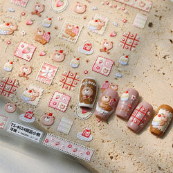 Sweet Dessert Cute Bear Cake Apple Flower Strawberry Jam Lace Line Bear Footprints Adhesive Nail Art Stickers Manicure Decals (ONLINE ORDER ONLY)