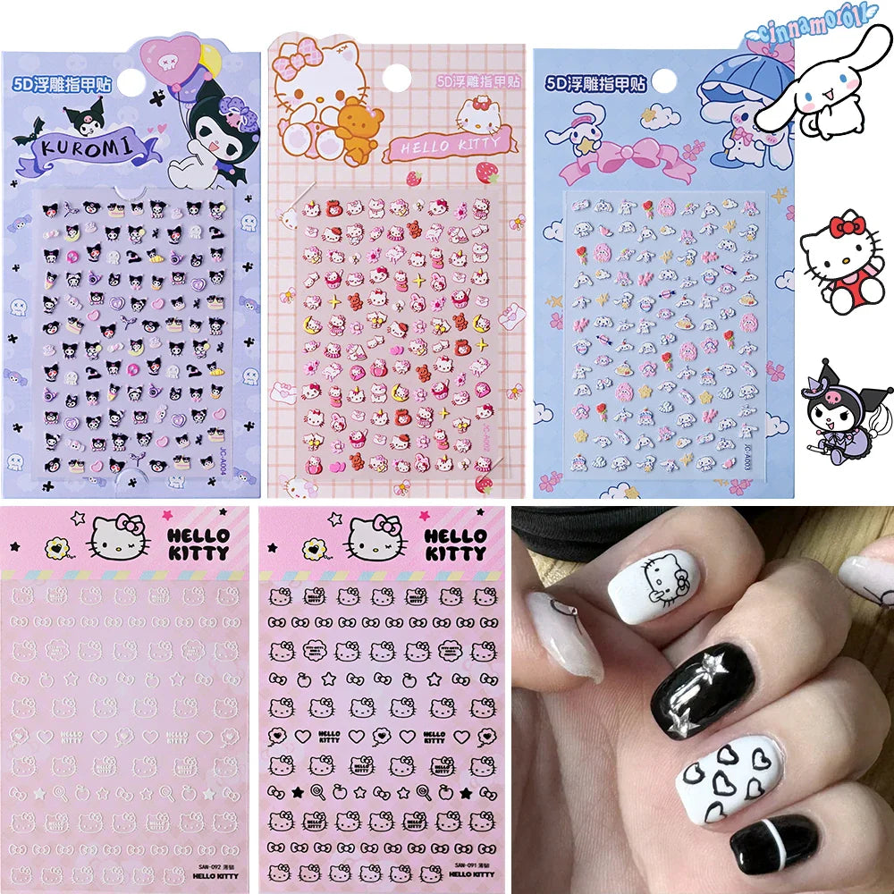 1pc 5D Cartoon Nail Art Stickers Waterproof Matte Finish with Kuromi, Cinnamoroll & Hello Kitty Designs Perfect for DIY Manicure (Online Order Only)