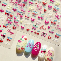 Lovely Pink Red Cherry Fruit Love Heart Star Lucky Letter Bowknot Romantic Adhesive Nail Art Stickers Rhinestone Manicure Decals (Online Order Only)