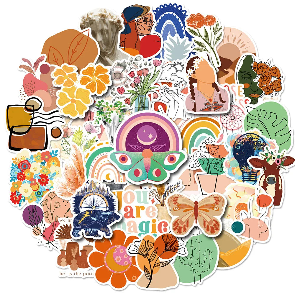 50pcs Funny Cartoon Cute Bohemia Graffiti Stickers Aesthetic Boho Style Phone Laptop Bike Notebook Phone Laptop Sticker (Online Order Only)