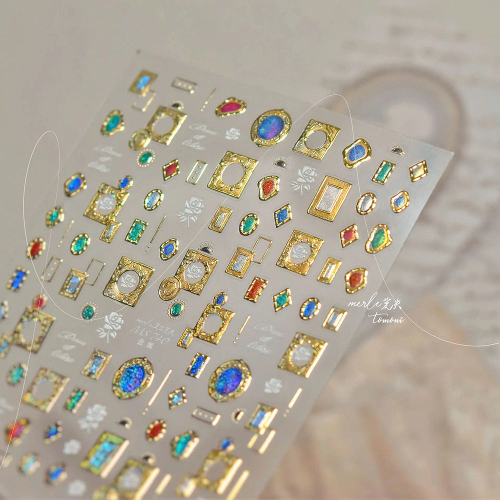 Retro Glass Geometry Glaze Rectangle Round Rose Camellia Adhesive Nail Art Stickers Frame Gemstone Charm Noble Manicure Decals (ONLINE ORDER ONLY)